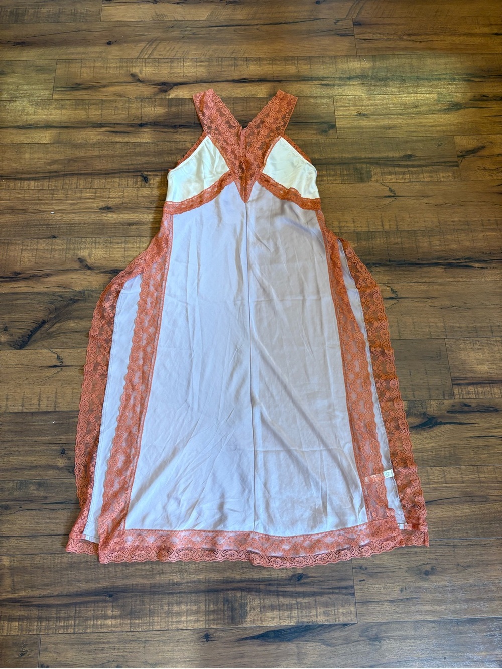Free People Tri Me Midi Slip Dress Silky Satin Lace Trim Orange XS NWT